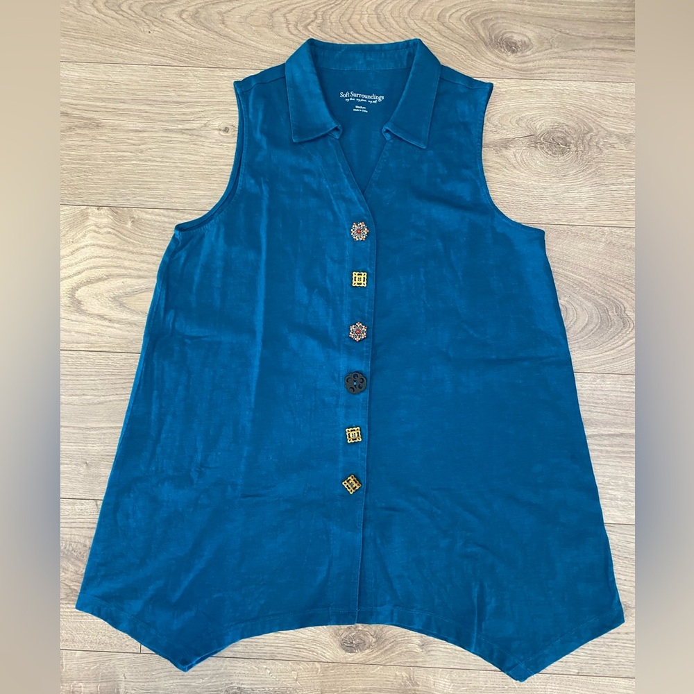 Soft Surroundings Danielle Button Teal Sleeveless Tunic 100% cotton EUC size M